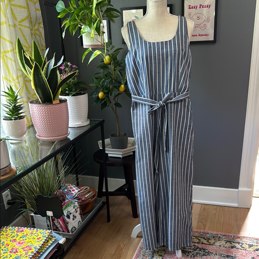 Vero Moda Blue and White Striped Jumpsuit with Tie Belt